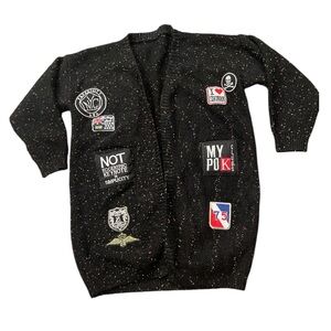 Patchwork Statement Cardigan S/M Navy Waffle Knit Open Front Vintage Patches